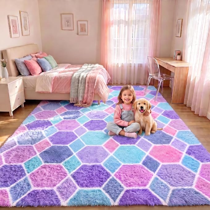 Checkered Purple Rainbow Area Rugs, Fluffy 5x8 Geometric Rug Girls Bedroom | by ONASAR