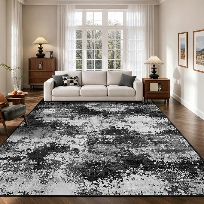 Washable Rug 9x12 Area Rugs for Living Room Bedroom Carpet Black | Indoor - Image 4