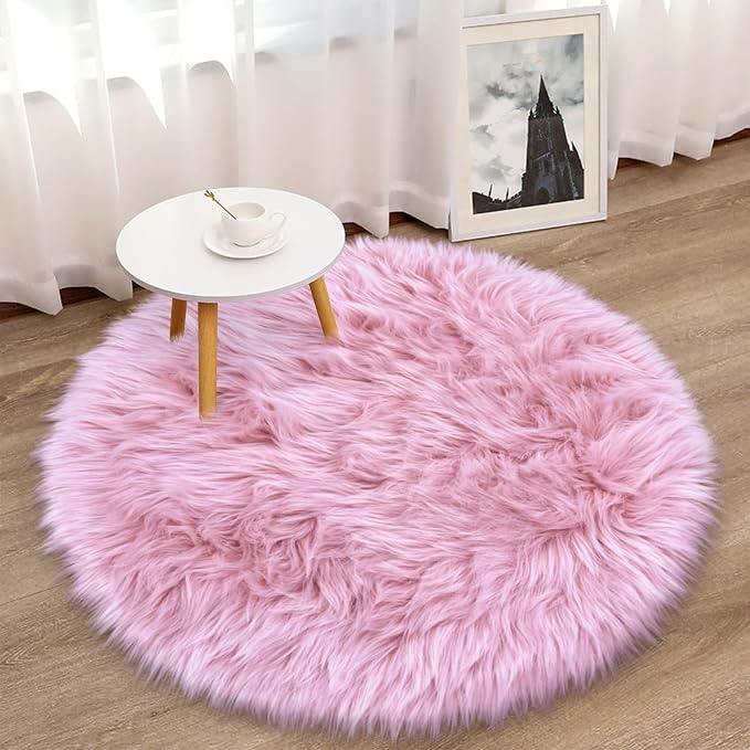 Pink Round Rug for Girls Bedroom, Fluffy Circle Rug 3 3 Feet for Kids Room - Image 6