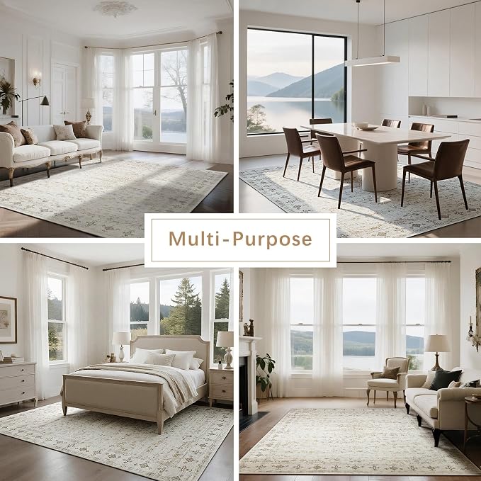 8x10 Washable Area Rugs for Living Room, Dining Room- Neutral Beige | Retro - Image 5