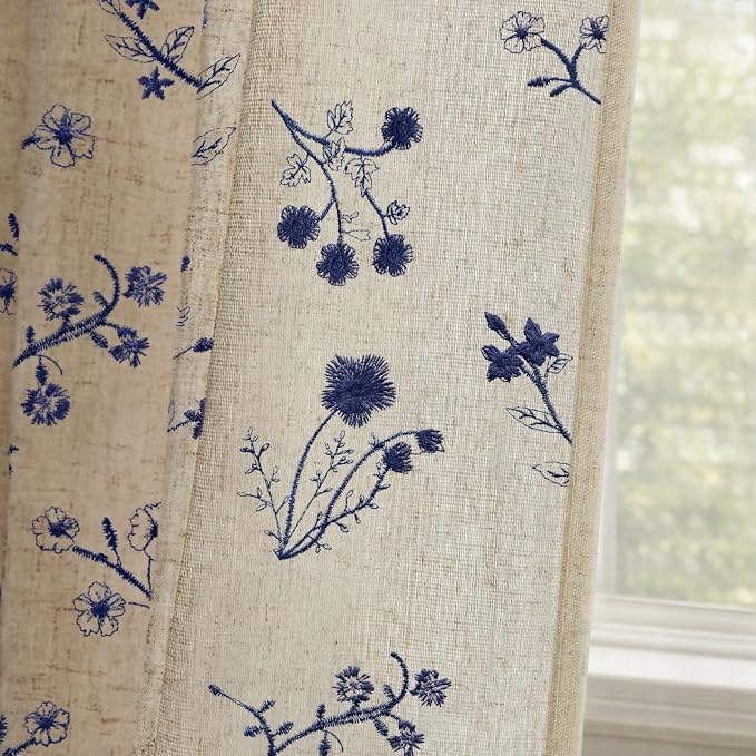 Dark Blue Floral Embroidered Light Filtering Curtains 84 Inch 2 Panels by Unknown