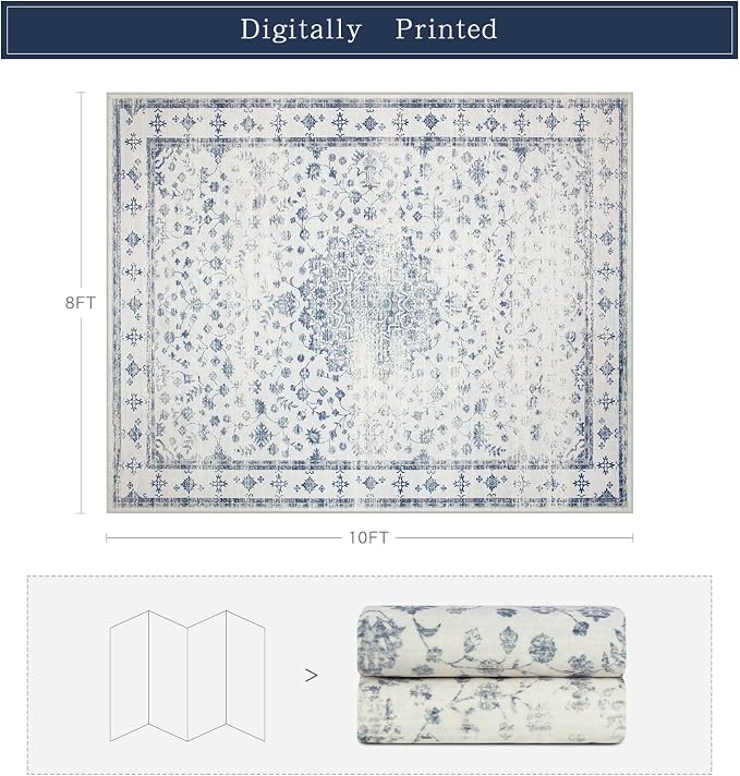 8x10 Washable Area Rugs for Living Room, Dining Room- Blue White | Retro Floral - Image 2