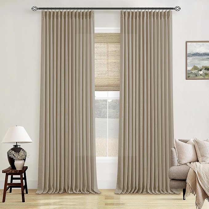 Extra Long Pinch Pleated Linen 108 Inch Curtains Tan Brown 2 Panels Set | Grey - Image 9