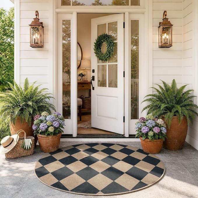 Lahome Checkered Easy Jute Round Rug 4ft, Outdoor Entryway Rug Washable | Black - Image 4