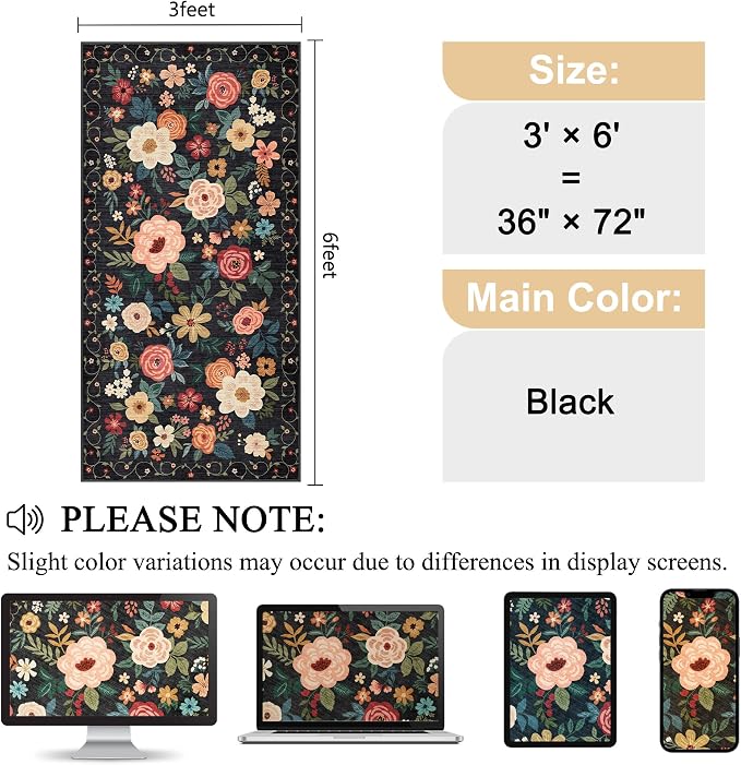 DUKINO 3x6 Runner Rug, Non Slip Floral Washable Rug - Image 2