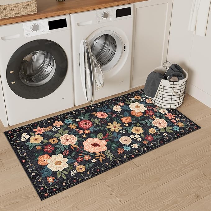 DUKINO 2x4 Entryway Rug, Floral Washable Kitchen Rugs Non Slip, Soft Indoor - Image 9
