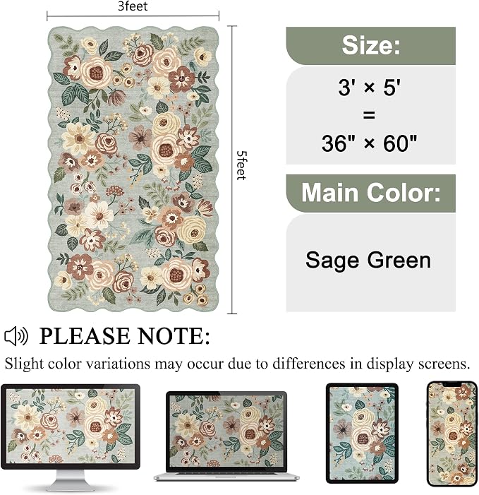 DUKINO 3x5 Area Rugs, Non Slip Floral Washable Rug - Image 2