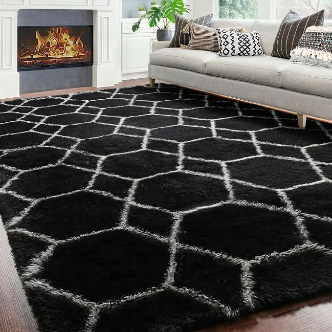 7x9 Area Rugs for Living Room Bedroom, Fluffy Black and White Geometric Rug | - Image 6