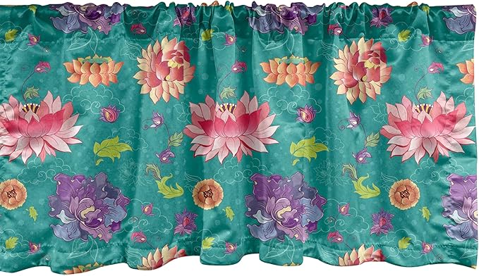 Ambesonne Floral Window Valance, Pattern with Lotus Flowers Peonies and Chrysanthemums Oriental Motifs Garden Art, Curtain Valance for Kitchen Bedroom Decor with Rod Pocket, 42" x 18", Teal