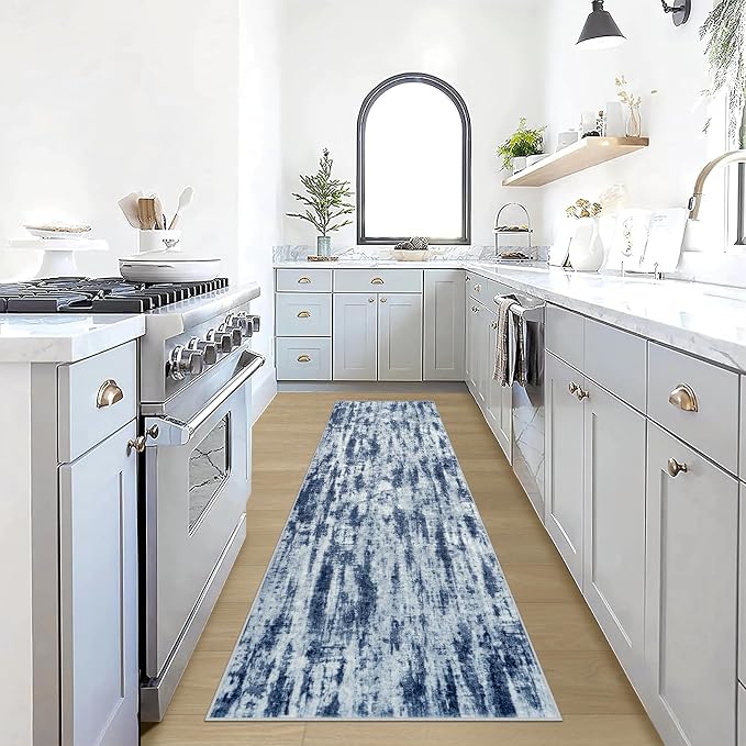 2'6''x8' Runner Rugs Washable Rug: Modern Abstract Hallway Blue Grey Carpet | by GENTDRIZZ