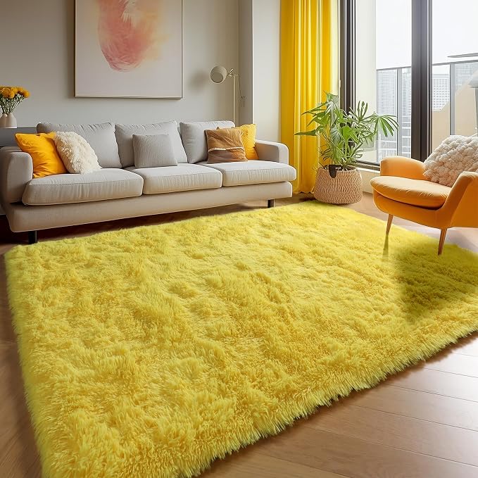 Yellow Rugs for Living Room Bedroom, 5x8 Fluffy Bedside Area Rug, Soft Plush - Image 4