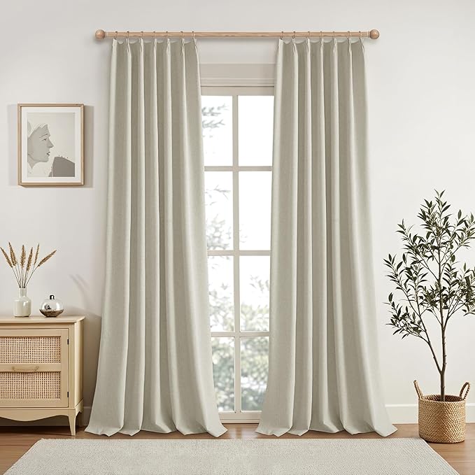 KangBang Pinch Pleated Blackout Curtains 108 Inches Long 2 Panels Set, Pinch Pleat Linen Curtains for Living Room with Adjustable Hooks, Elegant Modern Window Panels for Villa, Linen Color,42Wx108L