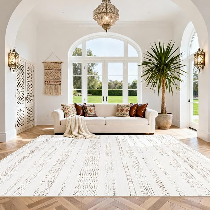 8x10 Washable Area Rugs for Living Room, Dining Room- Morocco White | Boho by Srugn