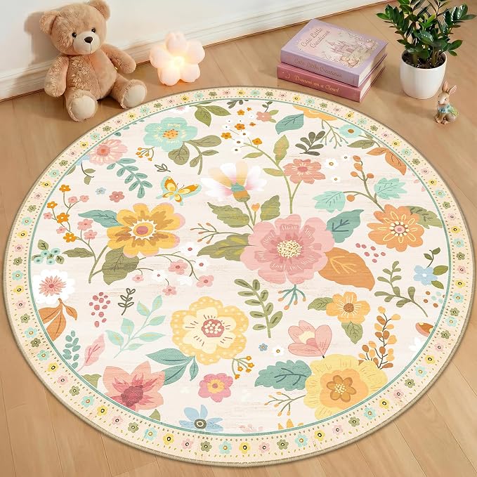 RELEANY Floral Washable Round 4ft Area Rug Beige/White/Orange | Flower Carpet by RELEANY