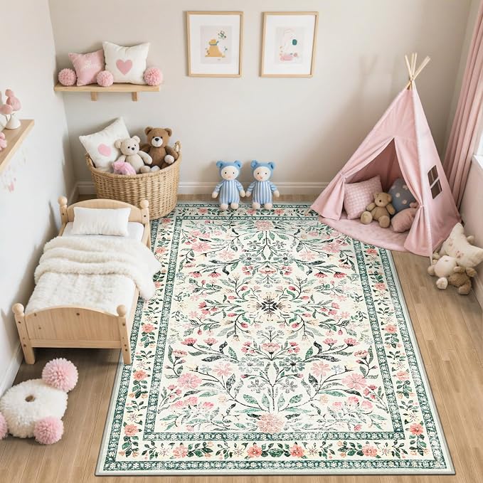 PLHXFR 6x9 Area Rug Living Room: Floral Washable Boho Carpet Green Beige | - Image 5
