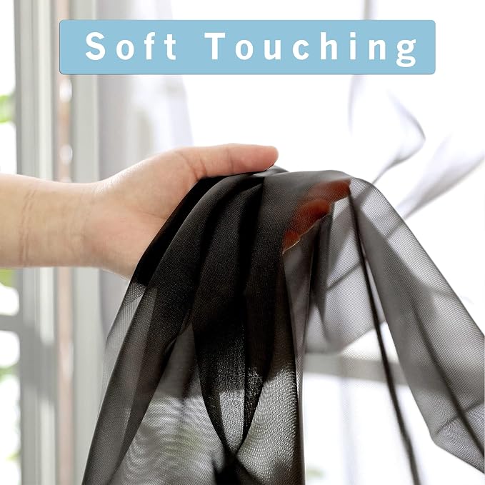 Black Sheer Curtains, Sheer Curtains 63 inch Length 2 Panels Set, Rod Pocket - Image 3
