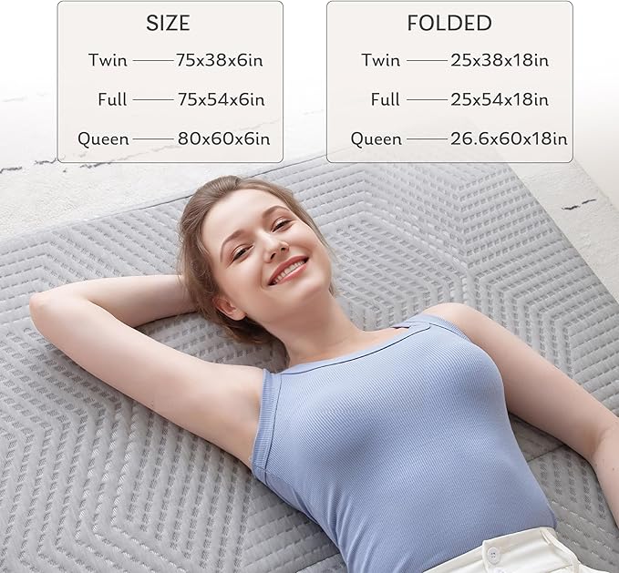 Tri-Fold Memory Foam Mattress, 6 inch Queen Folding Topper with Collapsible and Washable Cover, Travel and Guest Mat, 80"×60"×6", Grey