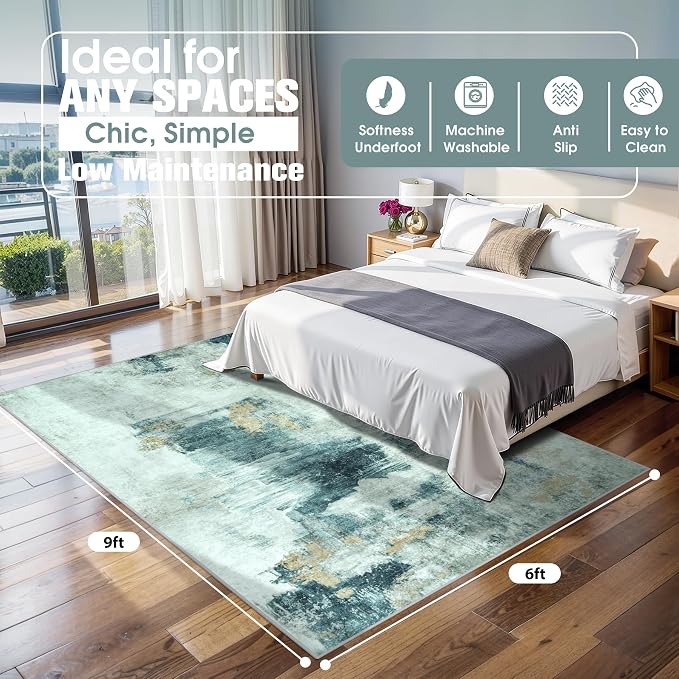 6x9 Area Rugs for Living Room Washable Bedroom Dining Room Teal Grey Gold | - Image 2