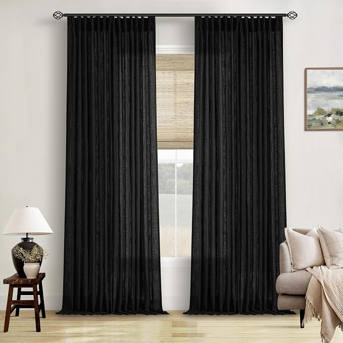 Black Pinch Pleated Linen Semi Sheer 96 Inch Curtains 2 Panels | Light Filtering by Twodrapes
