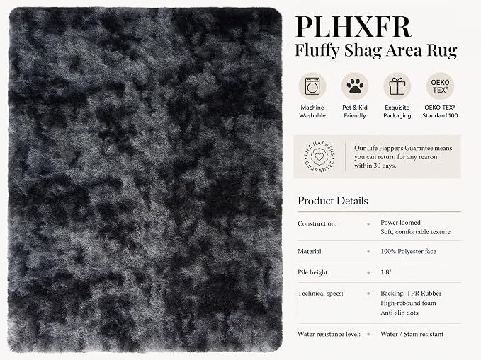 PLHXFR 6x9 Area Rugs Living Room: Fluffy Bedroom Soft Shag Rug Black Grey | - Image 4