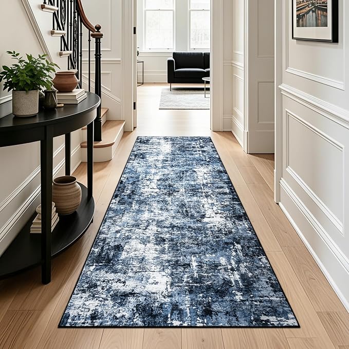 Rugflix 3x8 Runner Rug for Hallway, Washable Navy Blue Long Runners | Machine - Image 3