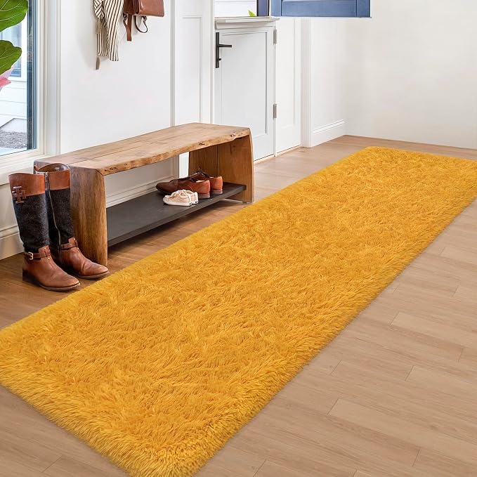2x8 Bedside Area Rugs for Bedroom Soft Fluffy Shag Beige Yellow Carpet for - Image 2