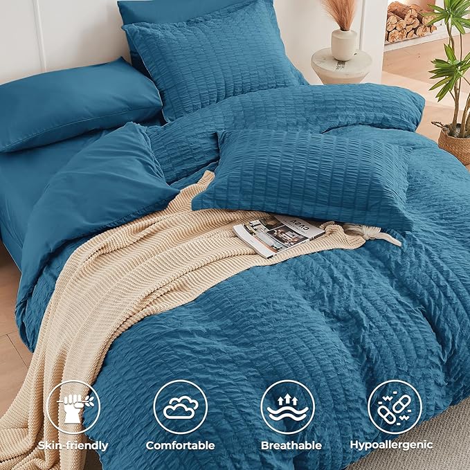 HYMOKEGE Teal Twin XL Comforter Set Seersucker 5 Pieces, All Season Luxury Bed in a Bag for Bedroom, Bedding Set with Comforter, Sheets, Pillowcase & Sham