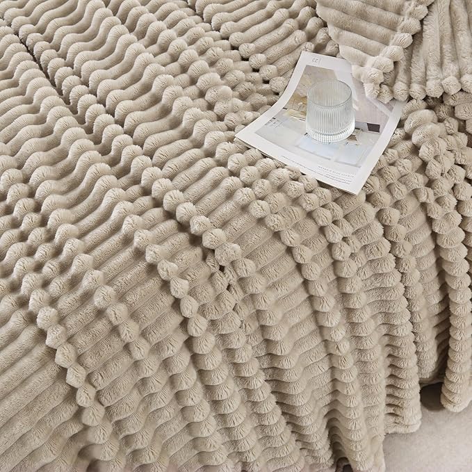 Khaki Throw Blanket for Couch Sofa 50x60 inches Striped Design | Fleece - Image 4