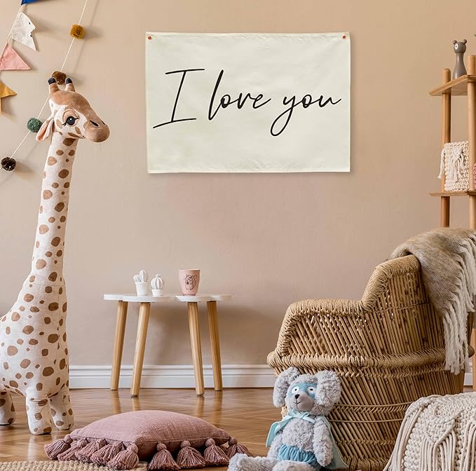 I love You Rectangular Canvas Banner-Boho Flag Wall Decor for Boy Girl Kids Friends,Nursery Babyroom Above Crib Bedroom Living Room Office-Baby Growth Stuff-Baby Shower Birthday Christmas Gift