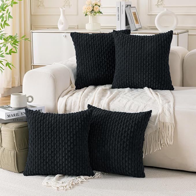 Set of 4 Black Decorative Throw Pillow Covers 22x22 Inch Corduroy Pillow Covers by Cozoomy