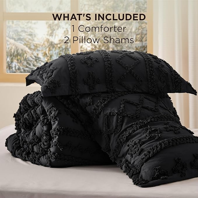 Bedsure Tufted Boho Comforter Set Oversized King - Black Boho Bed Set, GentleSoft™ 3 Pieces Farmhouse Shabby Chic Embroidery Bedding, Gifts for Woman, Soft Jacquard Comforter for All Seasons