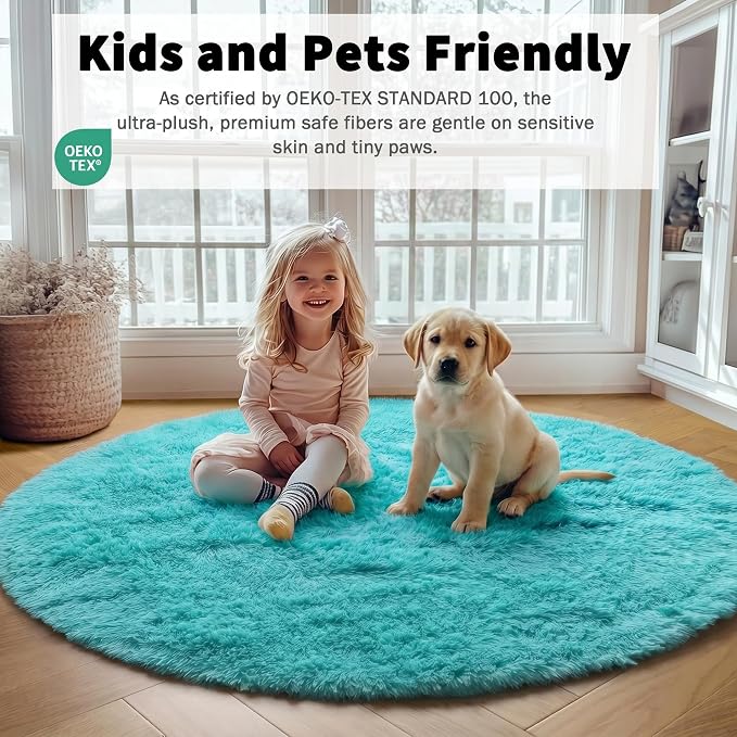 Teal Blue Round Area Rug 4ft, Soft Fluffy Bedroom Bedside Floor Circle Rugs - Image 5
