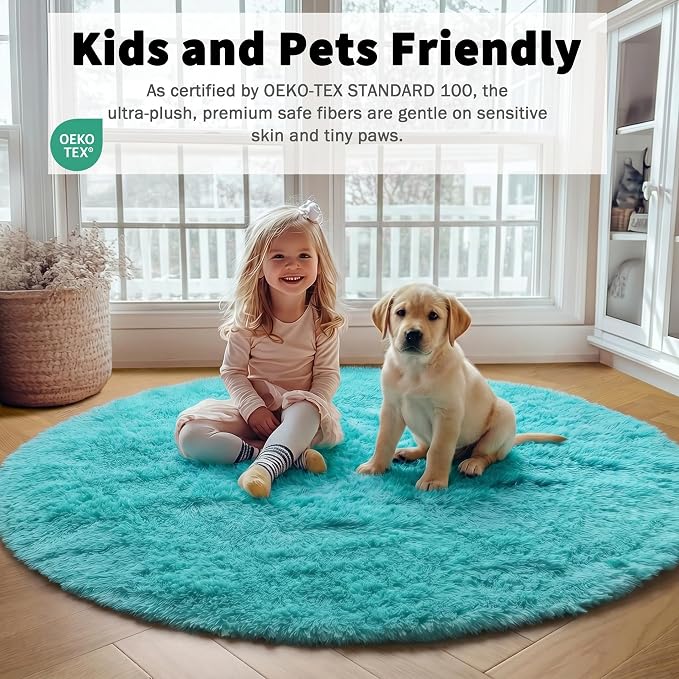 Teal Blue Round Rugs 5ft for Bedroom Living Room, Fluffy Circle Area Rug for - Image 5