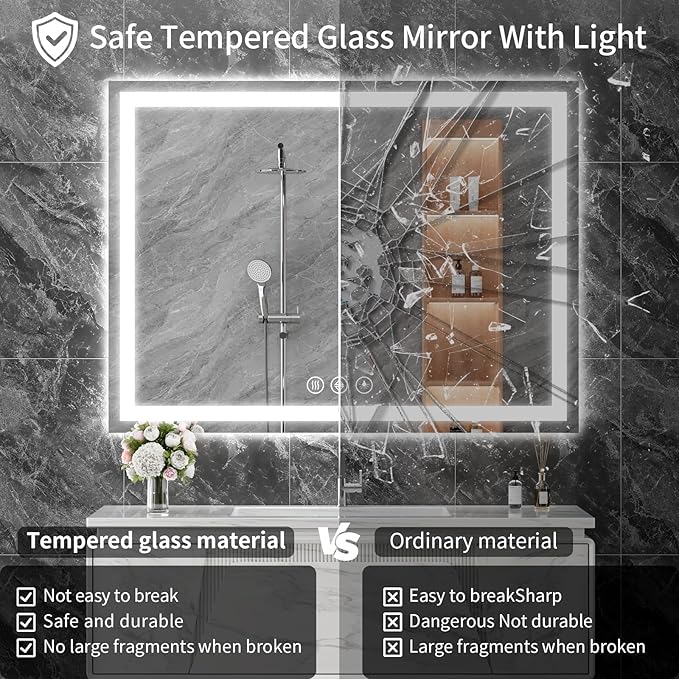 Koonmi 30x60 LED Bathroom Mirror, Backlit + Front Lit, LED Bathroom Mirror with Lights for Wall, 3 Colors, Anti-Fog, Dimmable Brightness, Memory Function, Tempered Glass