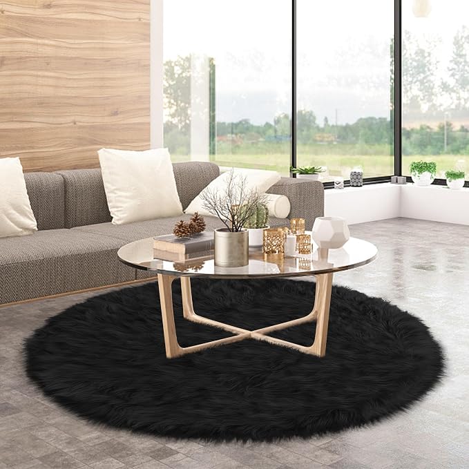 Faux Fur Black Round Rug 4ft for Bedroom, Plush Shaggy Circular Rug for Nursery - Image 8