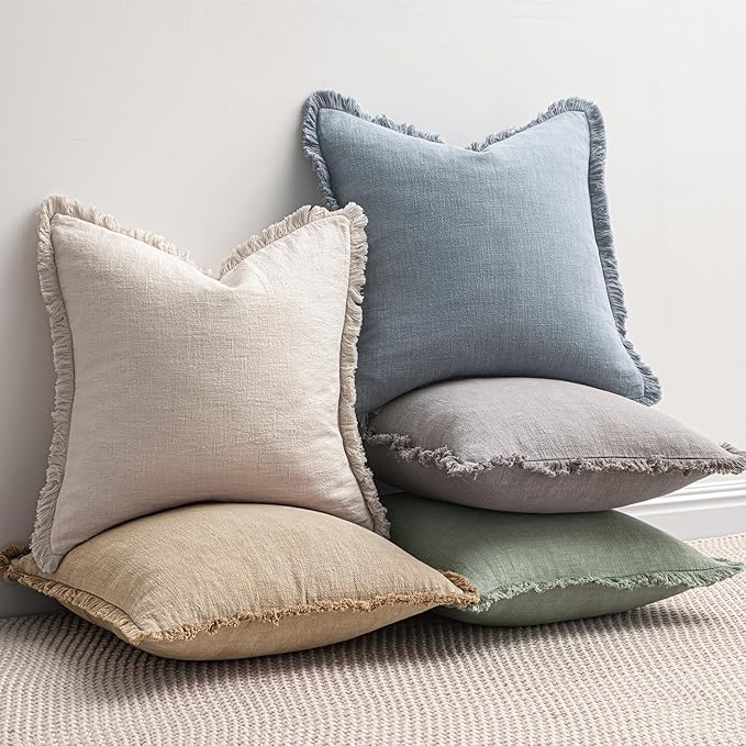 MIULEE Boho Linen Fringe Decorative Throw Pillow Covers Light Blue 20x20 | Set - Image 5