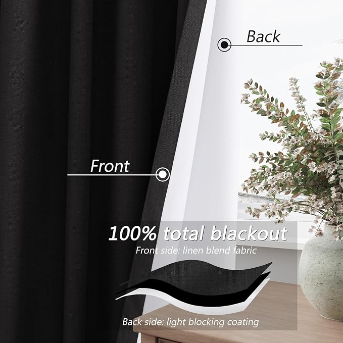 Black 100% Blackout Linen Curtains 63 Inch Length 2 Panels Set - Image 4