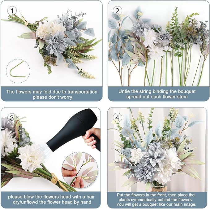 2 Pcs Fake Artificial Flowers Bouquet for Decoration, Silk Flower Arrangements Faux Flowers Plant Wedding Bride Bouquets Tables Centerpieces for Home Decor Indoor Vase Floral Table Decor (Blue White)