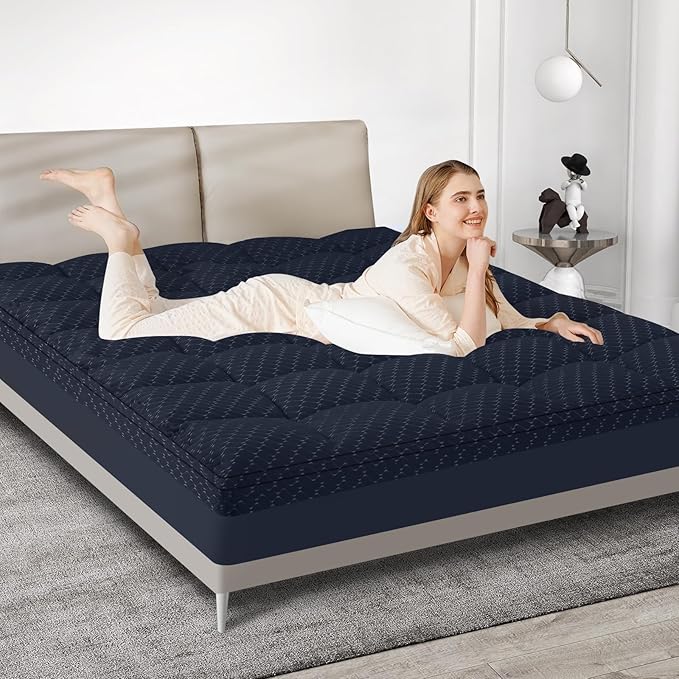Dual Layer 3 Inch Memory Foam Mattress Topper Twin XL Size, 2 Inch Gel Memory Foam Plus 1 Inch Cooling Pillow Top Mattress Pad Cover, with 8-21 Inch Deep Pocket, Navy Blue