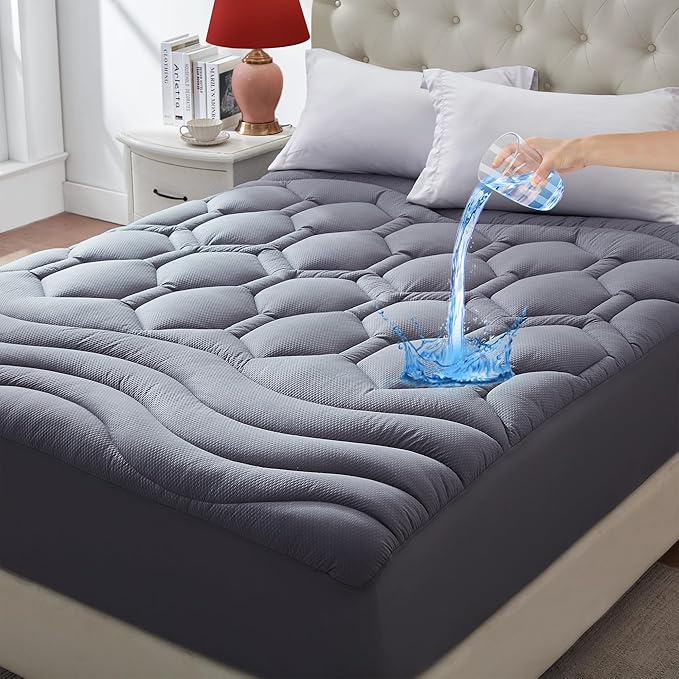 Twin Size Mattress Pad Waterproof, Pillow Top Cooling Twin Mattress Topper for Single Bed, Pee Proof Mattress Protector Cover Quilted Fitted with 8-21" Deep Pocket (39x75 inch, Grey)