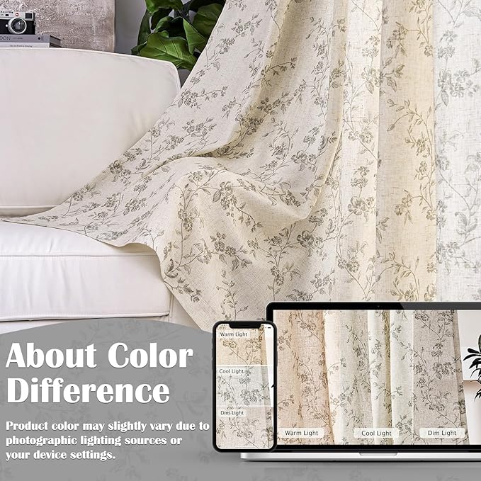 Grey Vintage Floral Linen Curtains Farmhouse 50W X 96L 2 Panels | Elisa Series - Image 6