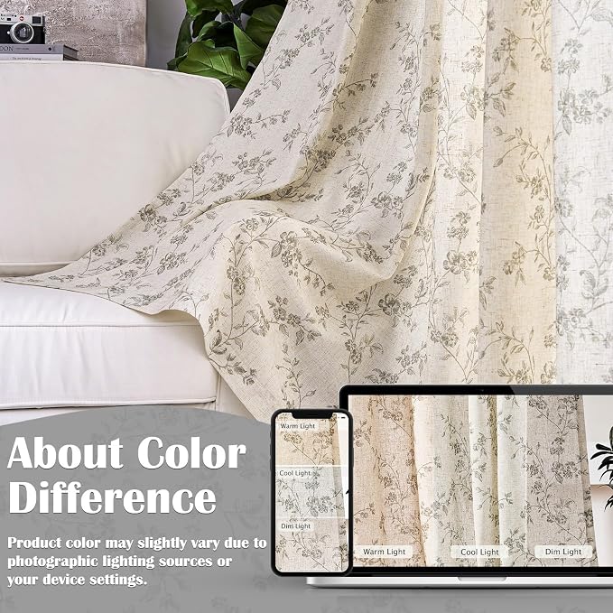 Grey Vintage Floral Linen Curtains Farmhouse 38W X 90L 2 Panels | Elisa Series - Image 5