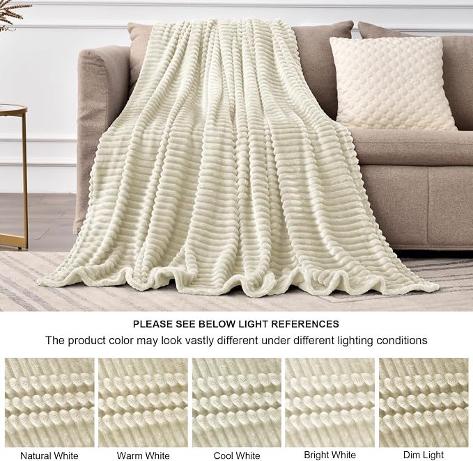 BEDELITE Ribbed Jacquard Beige Fleece Throw Blanket - Image 9