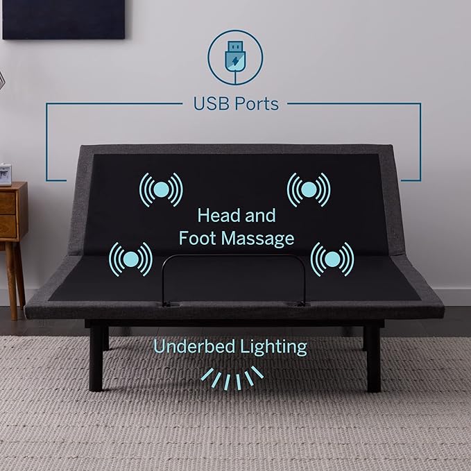 Lucid L600 Adjustable Bed Base Frame - Full Size - Zero Gravity - Bluetooth - Companion App - Head and Foot Incline - Interactive Dual Massage - Under Bed Lighting - Wireless Remote - Dual USB Ports