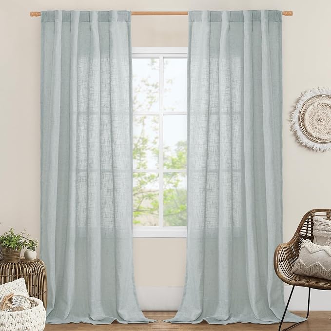 Greyish Blue Linen Boho Curtains 84 inch Length 2 Panels Bedroom | Light by LAMIT