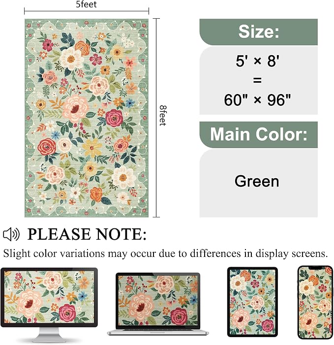 DUKINO 5x8 Area Rug for Bedroom, Floral Washable Rug Non Slip, Non-Shedding - Image 2