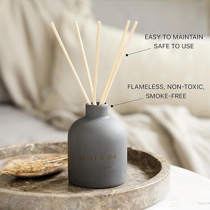 Craft & Kin Christmas Reed Diffuser for Home & Bathroom – Santal Woods Holiday Reed Diffuser Set with Fragrance Sticks, Long-Lasting Alcohol-Free Winter Scent, Earthenware Collection, 6.7oz