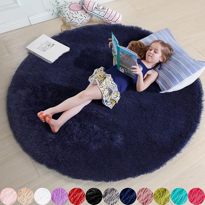 Amdrebio Dark Navy Blue Round Rug 4Ft by Amdrebio