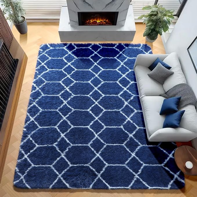 8x10 Area Rugs for Living Room, Fluffy Navy and White Rug for Boys Bedroom | by ONASAR