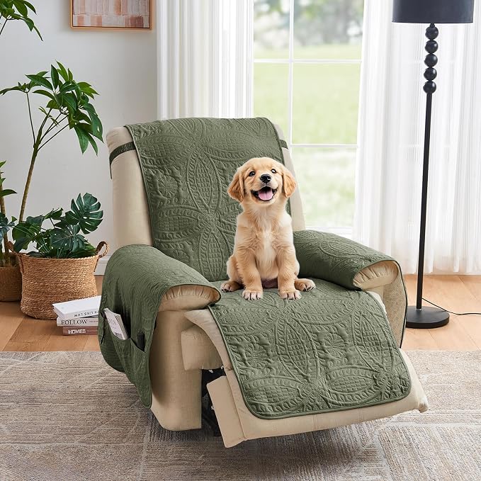 Green Quilted Recliner Covers, Water-Repellent Recliner Slipcovers, Recliner by Pamhaven